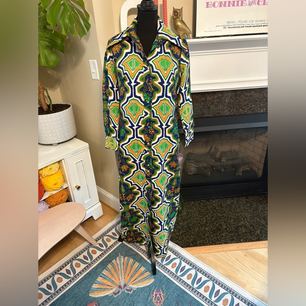 Vintage 60s/70s Groovy Shirt Dress Green and Blue